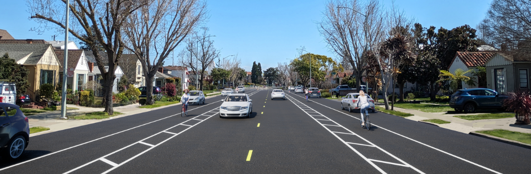 A roadway with two travel lanes, paint-buffered bike lanes, and curbside parking