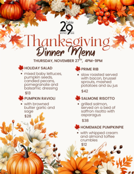 Table 29 Thanksgiving Menu