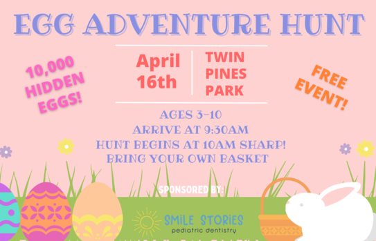 graphic of spring flowers, decorated eggs and white rabbit for Egg Hunt event