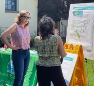 Women reviewing a display board outdoors