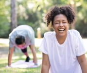 Couple Giggles at clumsy Yoga pose