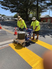 Public Works Staff applying Thermo Application to Beuna Vista crosswalk