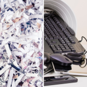 Photo of shredded paper and e-waste