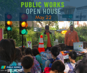 Public works open house May 22. Kids looking and sitting on a tractor
