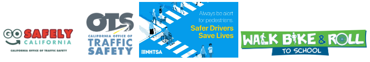 Logos for Safely California, OTS, NHTSA, and Walk, Bike, & Roll to School