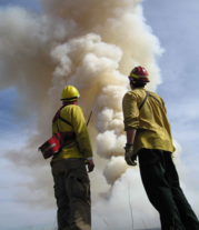 Two firefighters looking at smoke