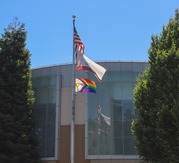 Pride flag in front of city hall 