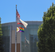 Pride flag in front of Belmont City hall