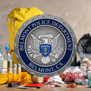 disaster supplies with belmont police seal over it