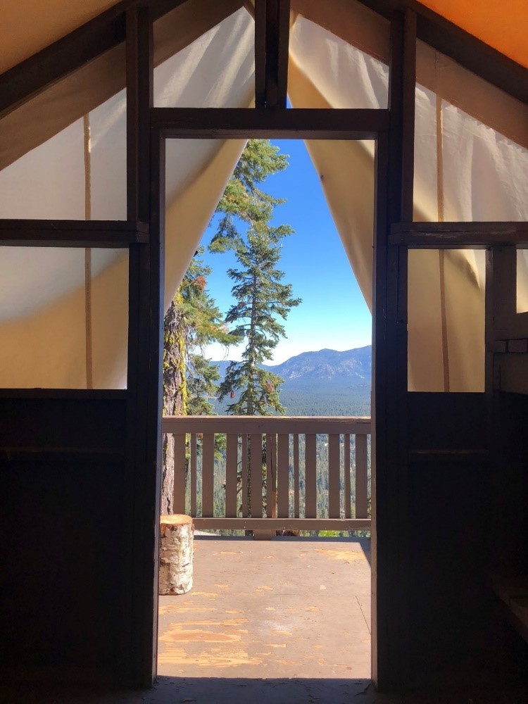 A view from inside one of the Echo Lake Camp tent cabins