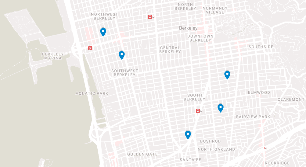 A map of Berkeley showing locations of traffic circles that have not yet been adopted with pin markers.