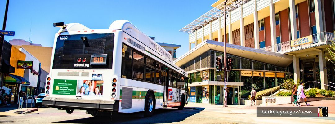 An AC Transit bus on Telegraph and Bancroft, right across from the UC Berkeley campus