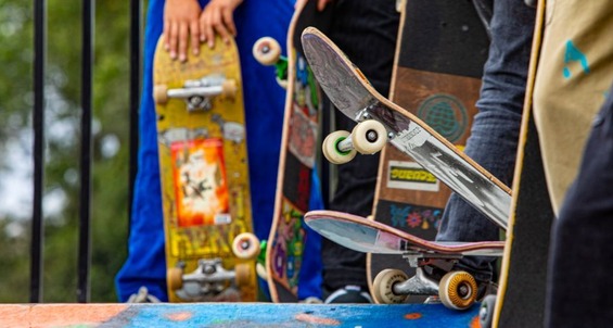 closeup of skateboards