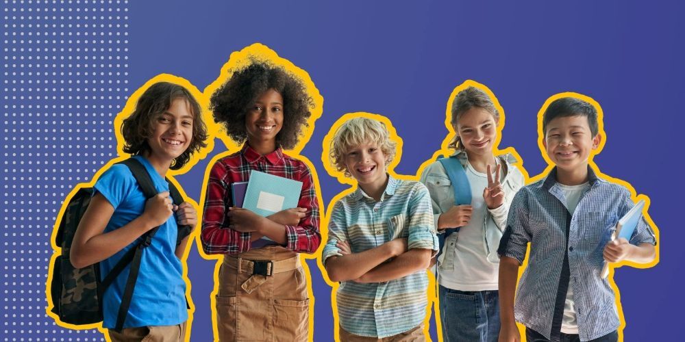 A graphic of five middle school students with backpacks and notebooks, cut out with yellow outlines against a blue background.