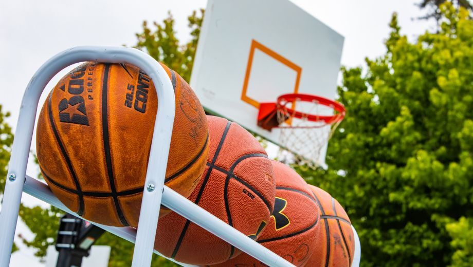 A rack of basketballs.