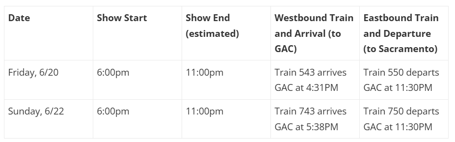Metallica special service train schedule table