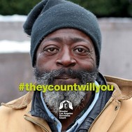 Portrait of an older homeless man with the text "they count will you"