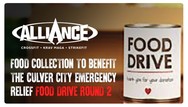 Alliance food collections to benefit the Culver City Emergency Relief Food Drive Round 2; picture of food can with words "Food Drive"