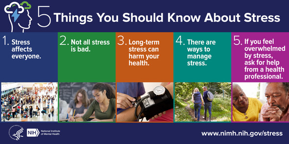 Graphic with images outlining text above. 5 Things You Should Know About Stress. Many people, studying, blood pressure check, walking, thinking