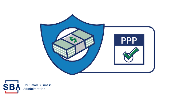 Small Business Administration Paycheck Protection Program Icon with green check mark with cash