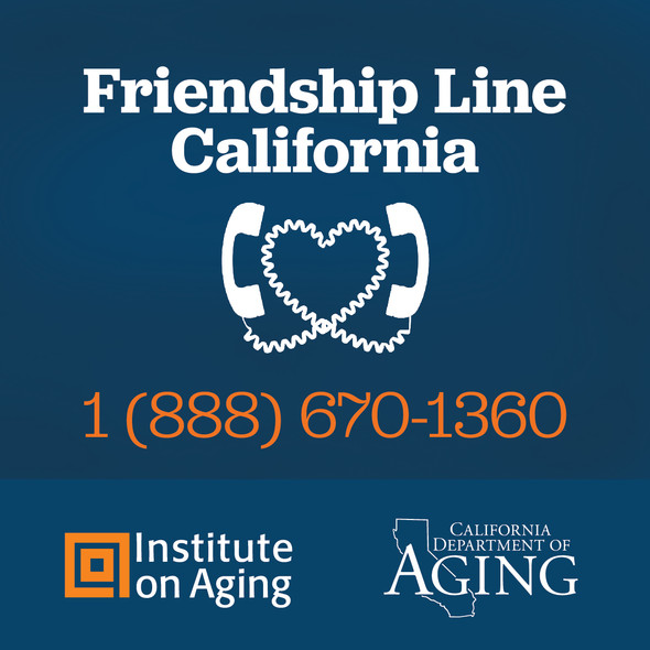 Friendship Line California (888) 670-1360 California Department of Aging Two Phones with cords made into a heart shape