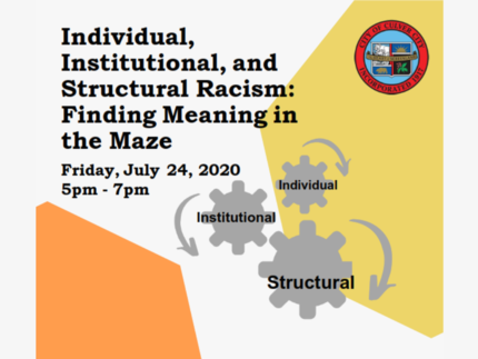 Individual, Institutional, and Structural Racism: Finding Meaning in the Maze  Friday, July 24, 2020  5pm - 7pm