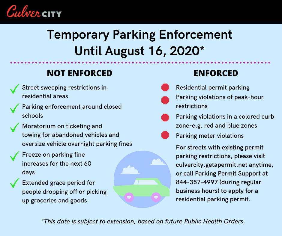 Temporary Parking Enforcement Until August 16, 2020. Text in infographic is included above.