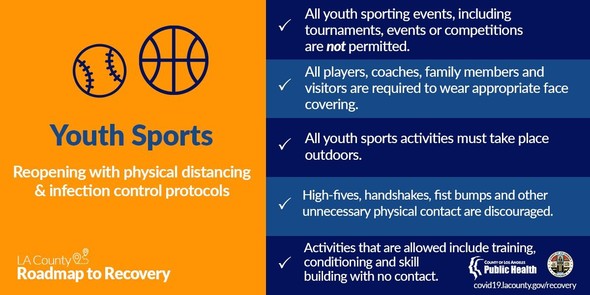Youth Sports (icon of baseball and basketball) reopening with physical distancing & infection control. Requirements listed same as in text above.