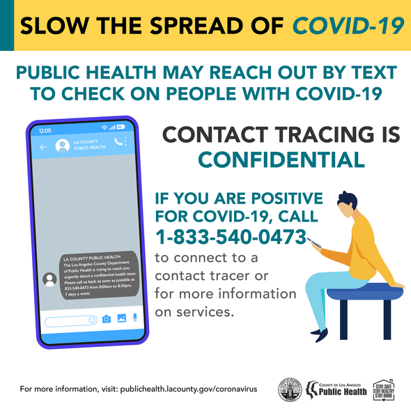 person sitting while looking at cell phone; cell phone displaying a text message from LA County Public Health; text included in above paragraph