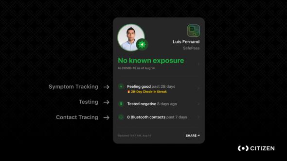 Citizen SafePass App Screenshot: symptom tracking, testing, contact tracing. 