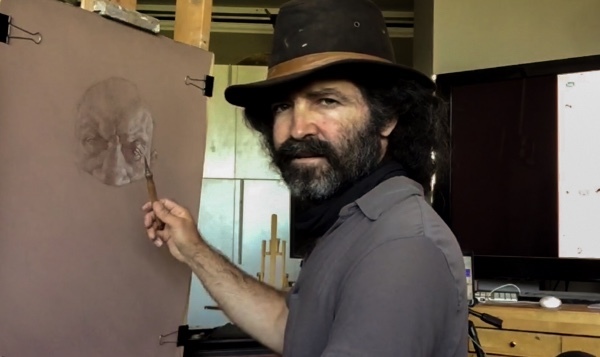 Culver City Artist Laureate Alexey Steele drawing in his Long Beach studio, 2020, used with permission of artist