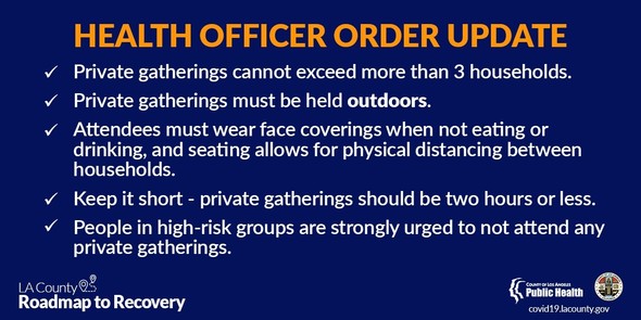 Health Officer Order Update: private gatherings can't exceed more than 3 households, must be held outdoors, must wear facecovering, keep under 2 hours