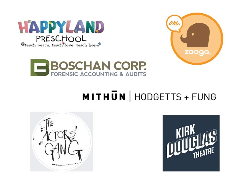 Logos for Actors' Gang Boschan Corp. Happyland Kirk Douglas Theatre Mithun Hodgetts+Fung Zooga Yoga