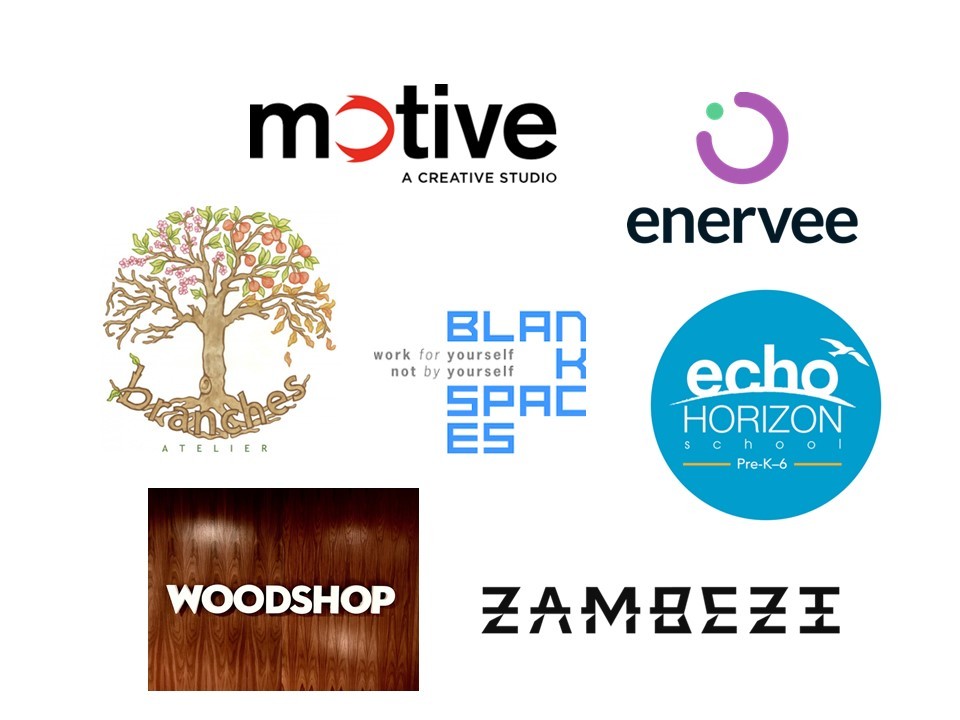 Logos for Blank Spaces, Branches Atelier, Echo Horizon School, Enervee, Motive LA, Woodshop Studios, Inc., Zambezi, LLC