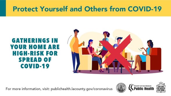 Gatherings in your home are high-risk for spread of COVID-19. Graphic of people sitting in living room chatting with a large red "X"