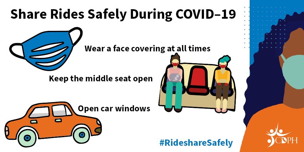 Share rides safely during COVID-19; wear a face covering, keep the middle seat open, open car windows