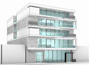 Four story white building with glass front