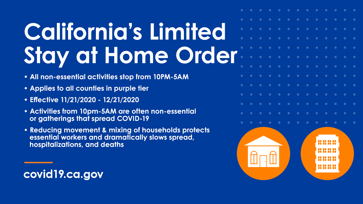 California's Limited Stay at Home Order: non-essential activities stop from 10PM-5AM effective 11/21/2020. Click here to learn more.