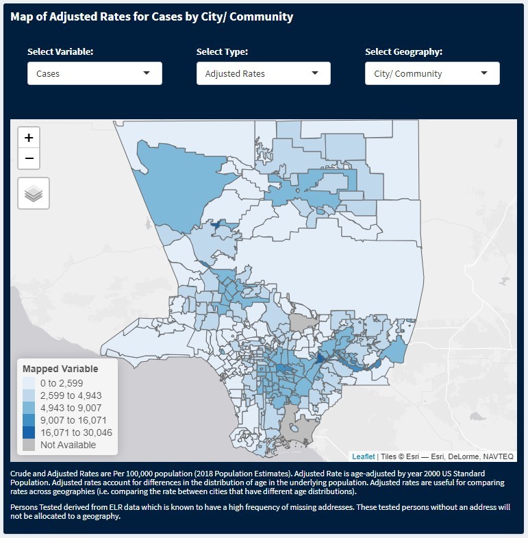 Map of adjusted case rates by city/community in Los Angeles County