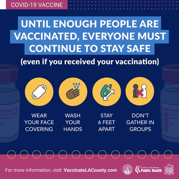 Until enough people are vaccinated, stay safe. Even if you received your vaccination, wear face cover, wash hands, stay 6 feet apart, don't gather