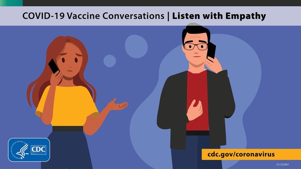 COVID-19 Vaccine Conversations - Listen with Empathy; image of people talking on phone to one another