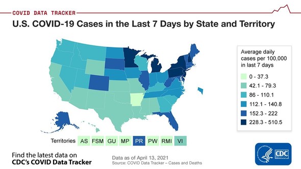 US COVID-19 Cases in the Last 7 Days by State. Details and latest data available on CDC's COVID Data Tracker website. Data as of 4/13/2021.