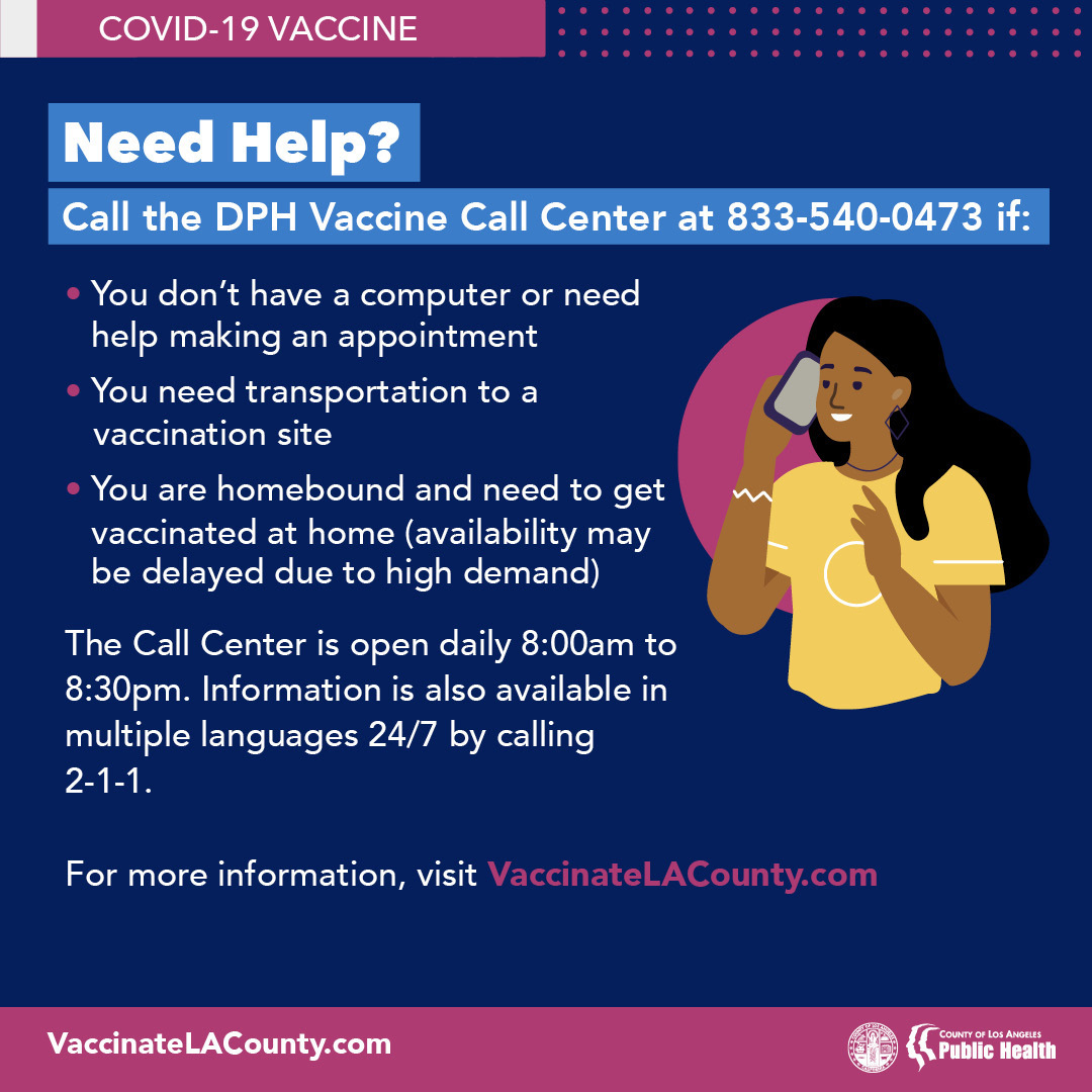 Woman talking on phone. Need help? Call the DPH Vaccine Call Center at 833-540-0473. Details noted in text above.