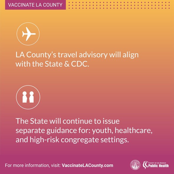 LA County's travel advisory will align with the State & CDC. There will be separate guidance for youth, healthcare, high risk congregate settings.