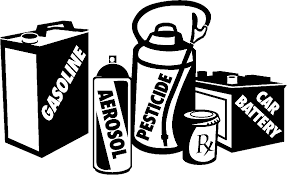Black and white drawing of various household hazardous waste containers, including gasoline, aerosol, pesticide, Rx drugs, and car battery