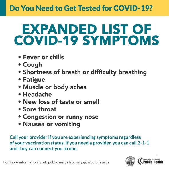 COVID-19 symptoms: fever/chills, cough, shortness of breath, fatigue, muscle aches, headache, loss of taste/smell, sore throat, congestion, nausea