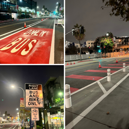Bus Only Lane; Right lane bus and bike only yield to peds; red striped painting on pavement for bus lane