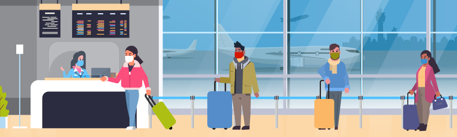Travelers checking in for a flight, wearing masks and socially distanced. Graphic from the CDC.