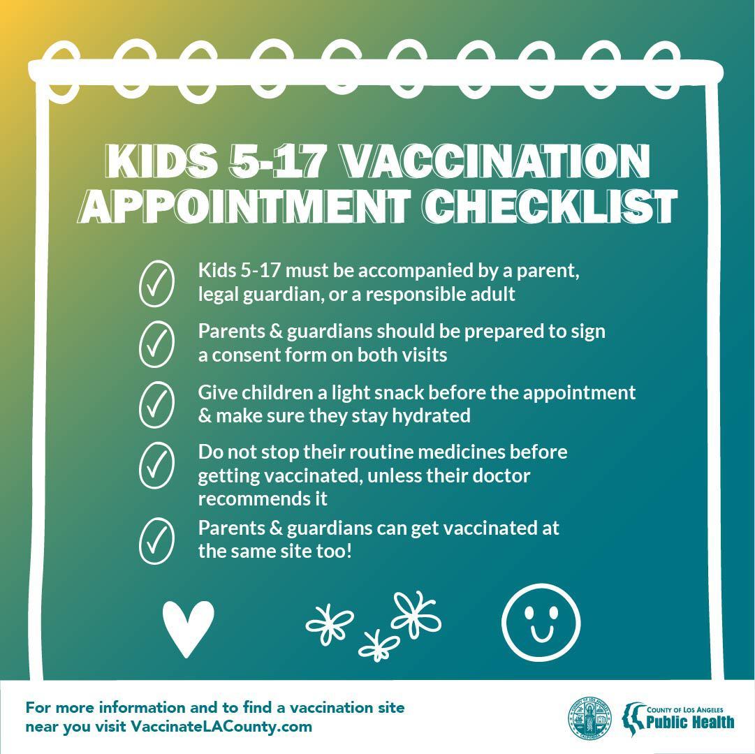 Kids 5-17 vaccination appointment checklist - list is included in text above. For more info or to find a vaccination site, VaccinateLACounty.com