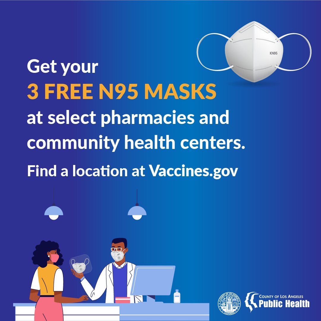 Get your 3 free N95 masks at select pharmacies and community health centers. Find a location at Vaccines.gov